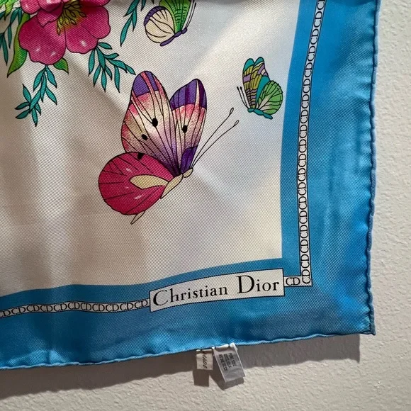 Dior Silk Scarf with Pink and Green Butterfly Design - Picture 4 of 14